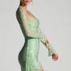 Marilla Embellished Draped Cowl-Neck Mini Dress in Pistachio