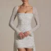 Marilla Embellished Draped Cowl-Neck Mini Dress in White