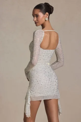 Marilla Embellished Draped Cowl-Neck Mini Dress in White