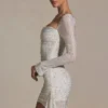 Marilla Embellished Draped Cowl-Neck Mini Dress in White