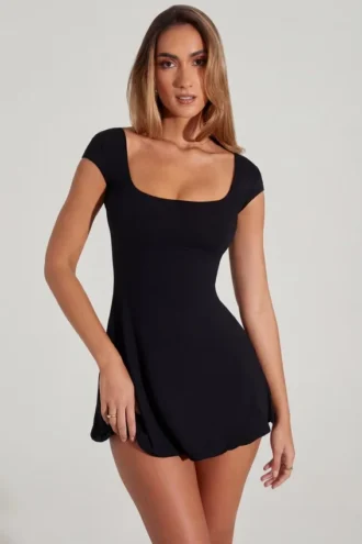 Marina Open Back A-Line Mini Dress in Black