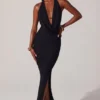 Mariposa Plunge Cowl Neck Floor Length Dress in Black