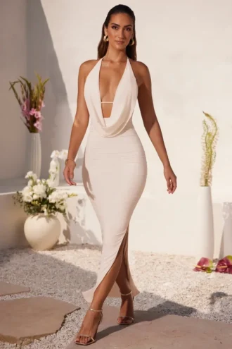 Mariposa Plunge Cowl Neck Floor Length Dress in Ivory