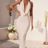 Mariposa Plunge Cowl Neck Floor Length Dress in Ivory