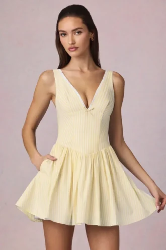 Marissa Bow-Detail A-Line Mini Dress in Lemon Yellow Stripe