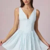 Marissa Bow-Detail A-Line Mini Dress in Powder Blue Stripe