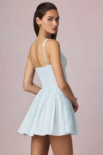 Marissa Bow-Detail A-Line Mini Dress in Powder Blue Stripe