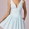 Marissa Bow-Detail A-Line Mini Dress in Powder Blue Stripe
