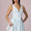 Marissa Bow-Detail A-Line Mini Dress in Powder Blue Stripe