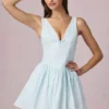 Marissa Bow-Detail A-Line Mini Dress in Powder Blue Stripe