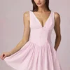Marissa Bow-Detail A-Line Mini Dress in Soft Mauve Stripe