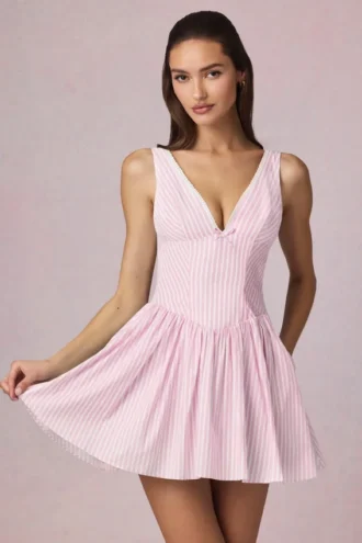 Marissa Bow-Detail A-Line Mini Dress in Soft Mauve Stripe