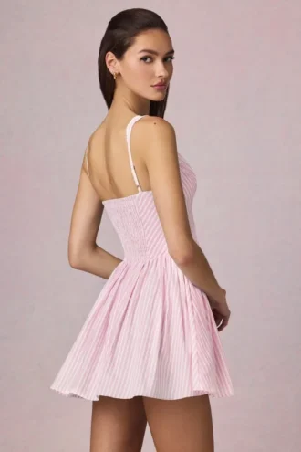 Marissa Bow-Detail A-Line Mini Dress in Soft Mauve Stripe