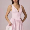 Marissa Bow-Detail A-Line Mini Dress in Soft Mauve Stripe