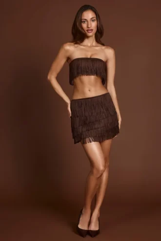 Maristella Fringed Mid-Rise Mini Skirt in Chocolate Brown