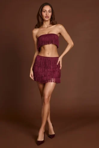 Maristella Fringed Mid-Rise Mini Skirt in Wine Red