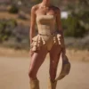 Marivelle Ruffled Lace-Up Corset Playsuit in Tan