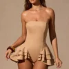 Marivelle Ruffled Lace-Up Corset Playsuit in Tan