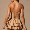 Marivelle Ruffled Lace-Up Corset Playsuit in Tan