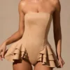 Marivelle Ruffled Lace-Up Corset Playsuit in Tan