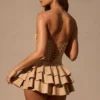 Marivelle Ruffled Lace-Up Corset Playsuit in Tan