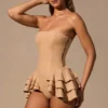 Marivelle Ruffled Lace-Up Corset Playsuit in Tan