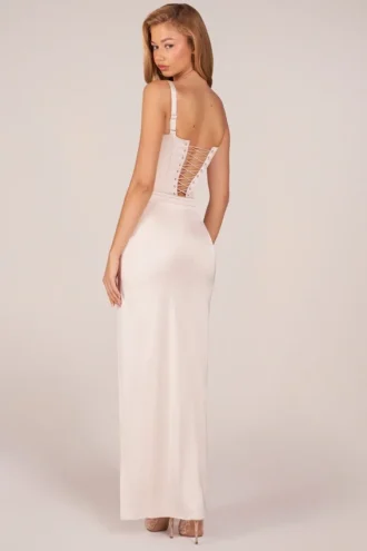 Marleigh Corseted Thigh-High Split Maxi Dress in Ivory