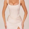 Marleigh Corseted Thigh-High Split Maxi Dress in Ivory