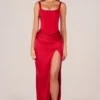 Marleigh Corseted Thigh-High Split Maxi Dress in Rose Red