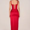 Marleigh Corseted Thigh-High Split Maxi Dress in Rose Red