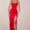 Marleigh Corseted Thigh-High Split Maxi Dress in Rose Red