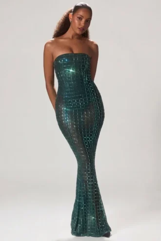 Marleni Embellished Strapless Gown in Emerald Green
