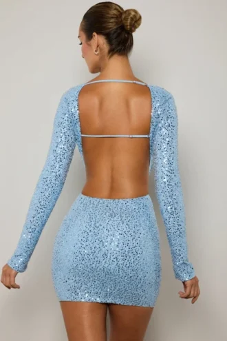 Marva Embellished Cut-Out Mini Dress in Light Blue