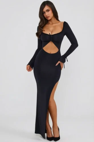 Matilda Ruffle-Trim Cut-Out Maxi Dress in Black