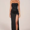 Matilde Bandeau Draped Thigh-High Maxi Dress in Black