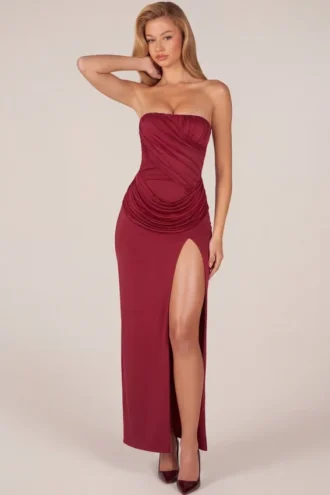 Matilde Bandeau Draped Thigh-High Maxi Dress in Cherry Red