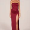 Matilde Bandeau Draped Thigh-High Maxi Dress in Cherry Red