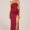 Matilde Bandeau Draped Thigh-High Maxi Dress in Cherry Red