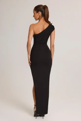 Maude Modal Asymmetric Ruched Maxi Dress in Black