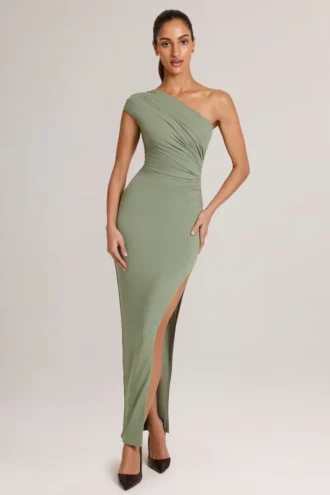 Maude Modal Asymmetric Ruched Maxi Dress  in Sage Green