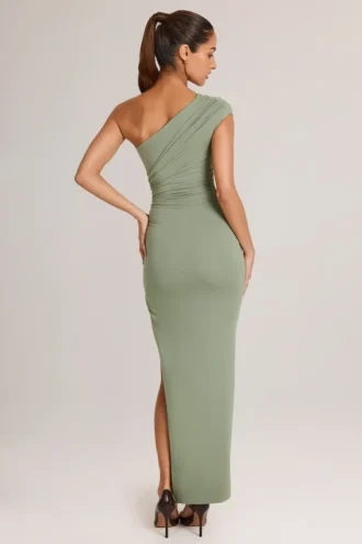 Maude Modal Asymmetric Ruched Maxi Dress  in Sage Green