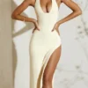 Mei High Split Halter Neck Maxi Dress in Ivory