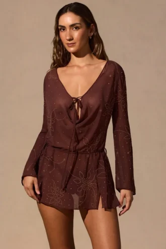 Meilani Long-Sleeve Mini Dress in Espresso Brown