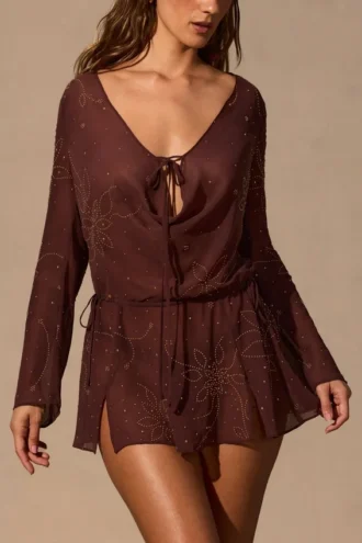 Meilani Long-Sleeve Mini Dress in Espresso Brown