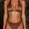 Mele Plunge Micro Bikini Top in Brown