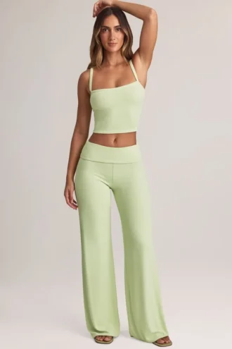 Melida Modal Foldover Wide-Leg Trousers in Sage Green
