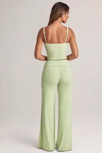 Melida Modal Foldover Wide-Leg Trousers in Sage Green
