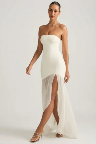 Melina Asymmetric Strapless Fishtail Maxi Dress in Ivory