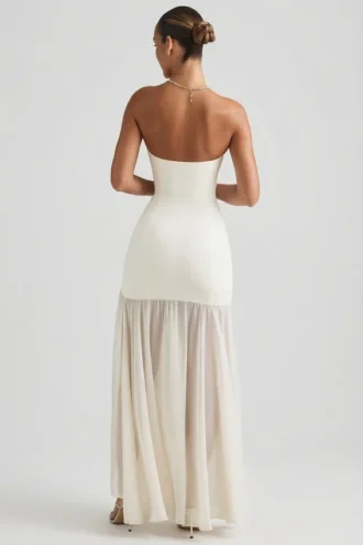 Melina Asymmetric Strapless Fishtail Maxi Dress in Ivory