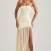 Melina Asymmetric Strapless Fishtail Maxi Dress in Ivory